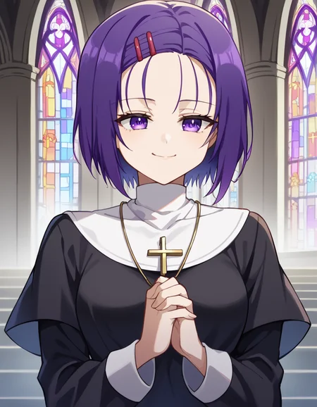 score_9, score_8_up, score_7_up, source_anime, <lora:haruna-sairenji-darkness-ponyxl-lora-nochekaiser:1>, haruna sairenji, hair ornament, hairclip, purple eyes, purple hair, short hair, swept bangs, forehead, medium breasts, <lora:traditional-nun-ponyxl-lora-nochekaiser:1>, traditional nun, nun, habit, long sleeves, dress, black dress, jewelry, black veil, cross, cross necklace,, church, smug, praying,, cowboy shot