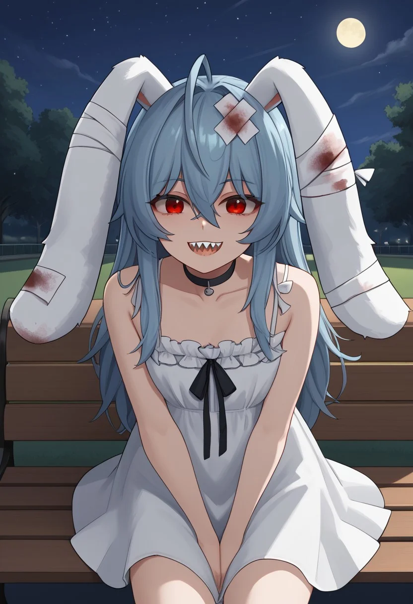 1girl, solo, Parasi, red eyes, blue hair, long hair, ahoge, animal ears, rabbit ears, hair between eyes, bangs, blood, sidelocks, bandages, black choker, white dress, black ribbon, sundress, park, park bench, lamppost, night sky, looking at viewer, smile, open mouth, sharp teeth, leaning forward