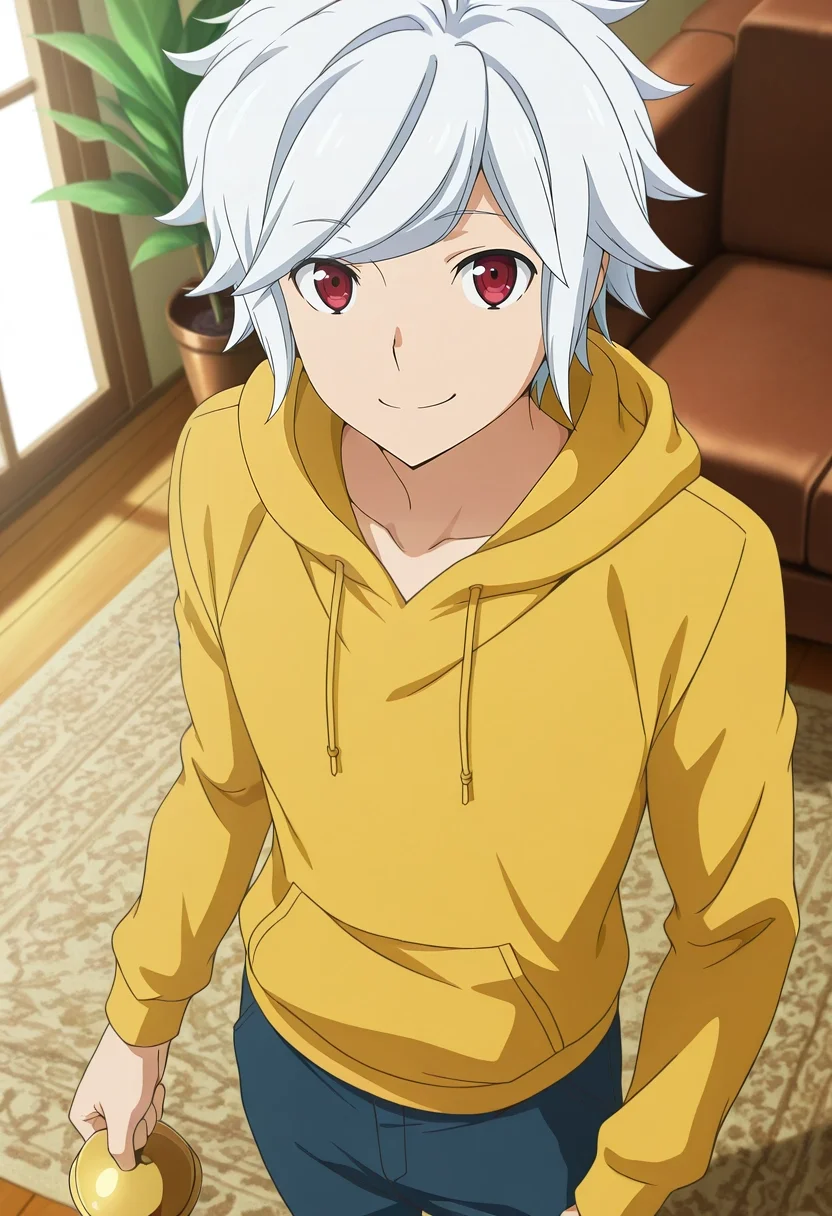 masterpiece, best quality, intricate details, anime screencap, anime coloring, official style, , 1boy, solo, male focus, <lora:bell_cranel_ilxl:0.98>, bell_cranel, white hair, red eyes, short hair, from above, living room, plant, day, sunny, holding object, seductive smile, Fair Isle GoldenYellow Linen Utility joggers, Zip-up hoodie, , ,