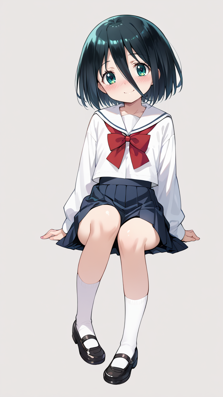 mushanokouji iwai,white_background,full_shot,looking_at_viewer,<lora:iwai_pony_v1:1.5>,blush,shy,socks,full body,mary janes,skirt,white socks,black footwear,petite,smile,school uniform,short hair,, score_9, score_8_up, score_7_up, score_6_up, score_5_up, score_4_up, source_anime,
