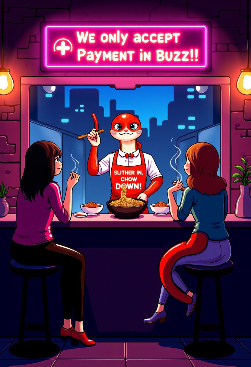 furry art, photorealistic digital art, Stationary Background, aidmatextimprover
Snake noodle bar in a neon-lit cyberpunk alley. A (((naga chef))) wears a cybernetic apron emblazoned with the slogan, "Slither In, Chow Down!" He uses its tail to expertly toss noodles in a hovering wok. The chef stands behind a sleek, minimal counter with a simple glowing sign: "We only accept payment in Buzz!" Customers sit on stools, their faces lit by the neon glow of a single hologram menu above the counter. The bowls are subtly snake-shaped, and the warm steam rising from the food contrasts with the cool neon lights of the alley. In the background, faint city lights and towering buildings complete the atmosphere.