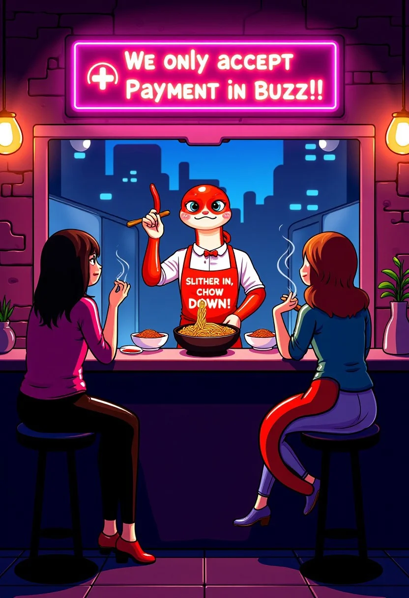 furry art, photorealistic digital art, Stationary Background, aidmatextimprover
Snake noodle bar in a neon-lit cyberpunk alley. A (((naga chef))) wears a cybernetic apron emblazoned with the slogan, "Slither In, Chow Down!" He uses its tail to expertly toss noodles in a hovering wok. The chef stands behind a sleek, minimal counter with a simple glowing sign: "We only accept payment in Buzz!" Customers sit on stools, their faces lit by the neon glow of a single hologram menu above the counter. The bowls are subtly snake-shaped, and the warm steam rising from the food contrasts with the cool neon lights of the alley. In the background, faint city lights and towering buildings complete the atmosphere.