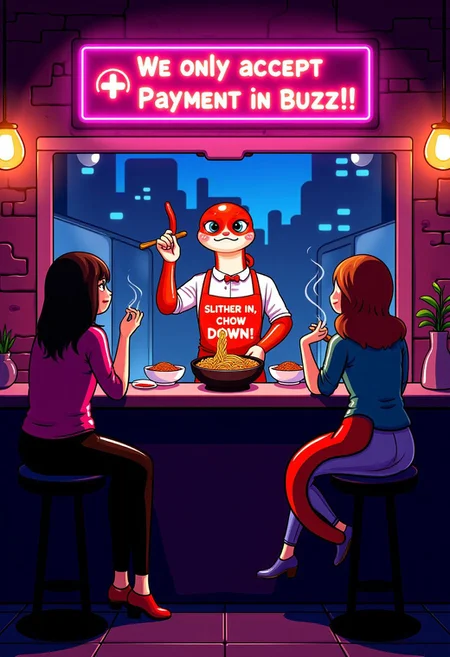 furry art, photorealistic digital art, Stationary Background, aidmatextimprover
Snake noodle bar in a neon-lit cyberpunk alley. A (((naga chef))) wears a cybernetic apron emblazoned with the slogan, "Slither In, Chow Down!" He uses its tail to expertly toss noodles in a hovering wok. The chef stands behind a sleek, minimal counter with a simple glowing sign: "We only accept payment in Buzz!" Customers sit on stools, their faces lit by the neon glow of a single hologram menu above the counter. The bowls are subtly snake-shaped, and the warm steam rising from the food contrasts with the cool neon lights of the alley. In the background, faint city lights and towering buildings complete the atmosphere.