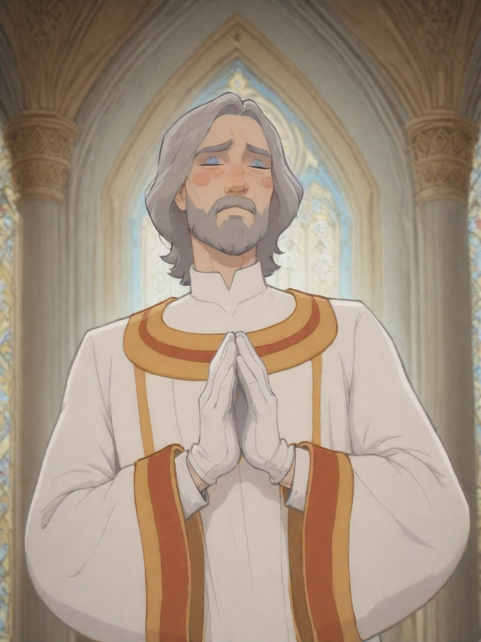 DukeOfSoleanna, 1boy, long elegant white robe, Dark boots, white gloves, blue eyes, gray hair, gray beard,solo,BSSPYCB,blush stickers,hands together,upper body,closed eyes,church,<lora:Duke of Soleanna:0.8>,<lora:PYCB:0.8>