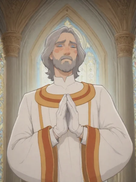 DukeOfSoleanna, 1boy, long elegant white robe, Dark boots, white gloves, blue eyes, gray hair, gray beard,solo,BSSPYCB,blush stickers,hands together,upper body,closed eyes,church,<lora:Duke of Soleanna:0.8>,<lora:PYCB:0.8>
