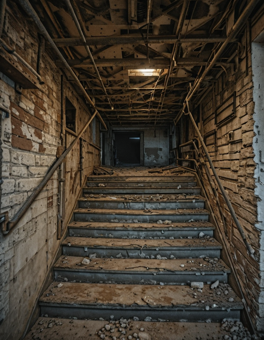 <lora:City_Worlds_02_Lost_Indusinc:1> photo, cw02lost, indoors, abandoned, basement, staircase, concrete, grunge, industrial, dimly lit, abandoned, underground, eerie, moody, decay, metal railing, shadowy, neglected, cold, dark hallway, textured walls, atmospheric, industrial