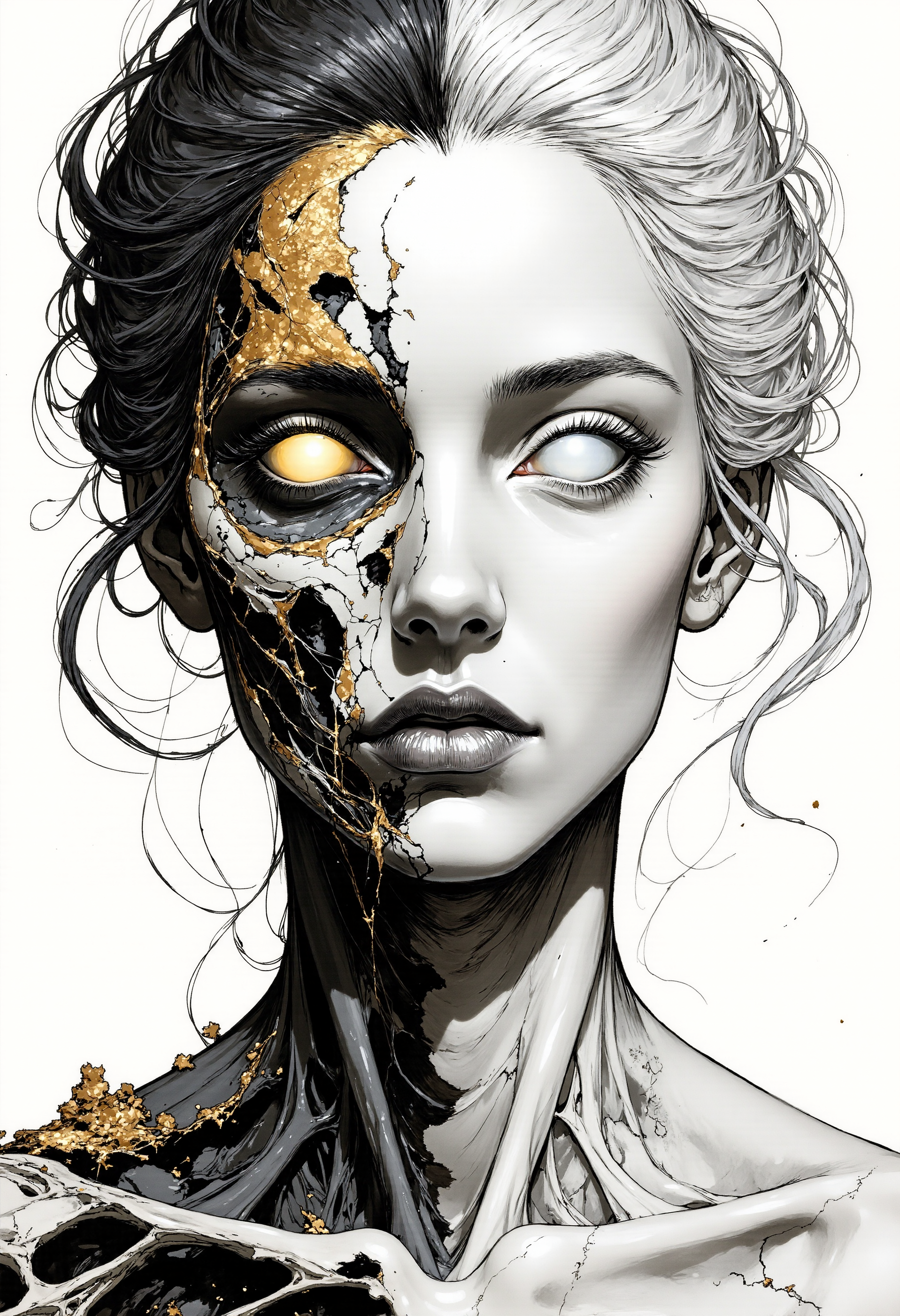 A portrait of Hel, the ruler of Helheim. Her marvelous wild mane covers part of her beautiful face and bare chest. Both eyeballs are completely blank and featureless, devoid of pupils and irises, and extend across the entire eye region, blending seamlessly into the surrounding facial area, while the eyes remain fully open. The face is divided into two halves. The left side shows signs of decay and decomposition, with lifeless dark-coal skin, hard bones are visible under the torn skin, shreds of golden ash detached from her skin. Her left eyeball is completely golden. The right half of the face is of unearthly beauty, with immaculate, flawless white skin. Her right eyeball is snow-white. The transition between the two halves of the face is fluid and unobtrusive, symbolizing the brief moment between life and death. The picture depicts a surreal and abstract pencil and ink drawing, characterized by a monochromatic scheme with predominant shades of black, white, and gray, which has been digitally enhanced.
