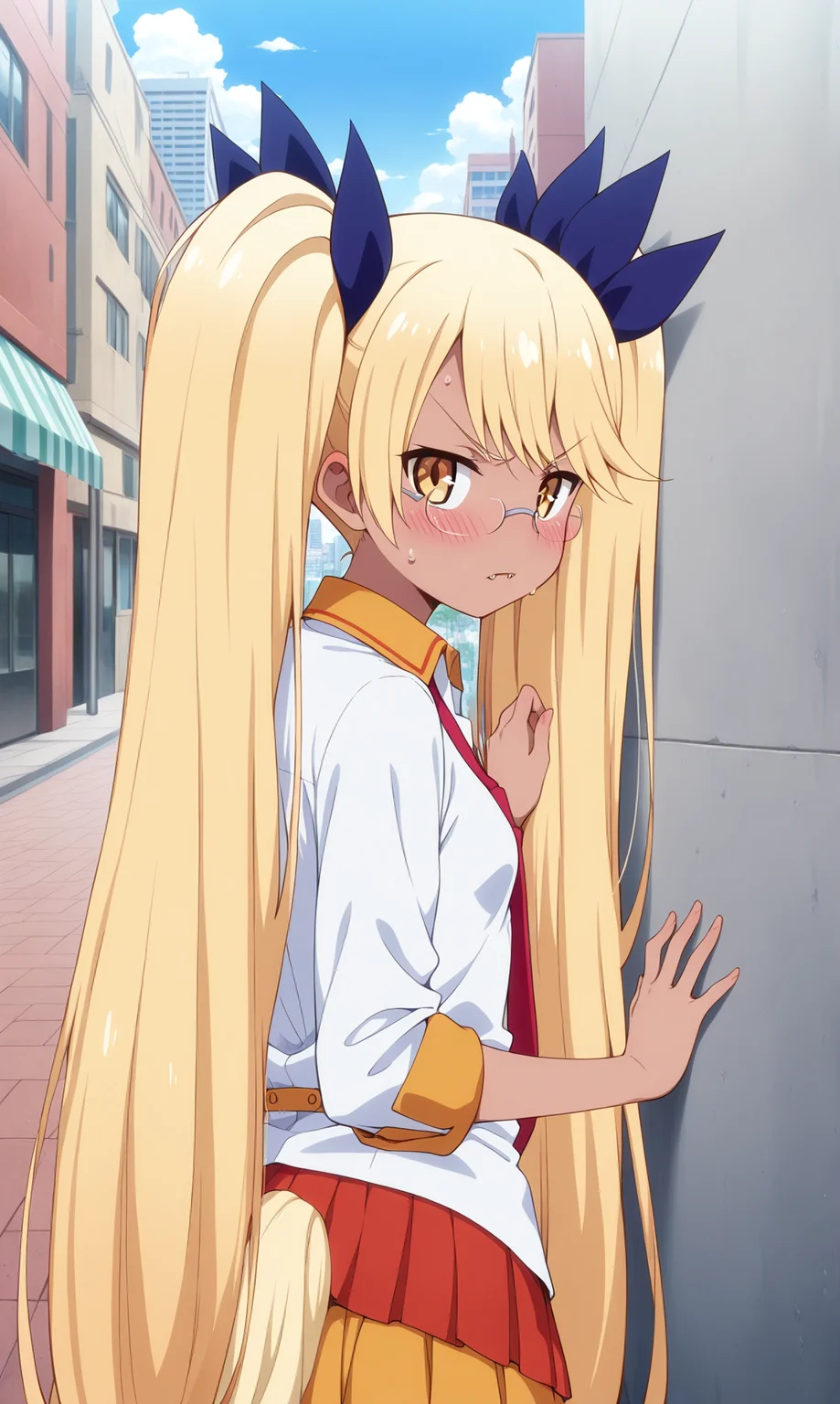 masterpiece, best qualify, zzRetoree, 1girl, solo, necktie, looking at back, long hair, blonde hair, twintails, glasses, v-shaped eyebrows, sweatdrop, from behind, very long hair, shirt, hand on wall, dog tail, yellow eyes, ribbon, fangs, upper body, red necktie, hair ribbon, blush, small breasts, skirt, white shirt, school uniform, collared shirt, closed mouth, portrait, sweat, outdoors, parted lips, rimless eyewear, breasts, city, street, dark skin, dark-skinned female,