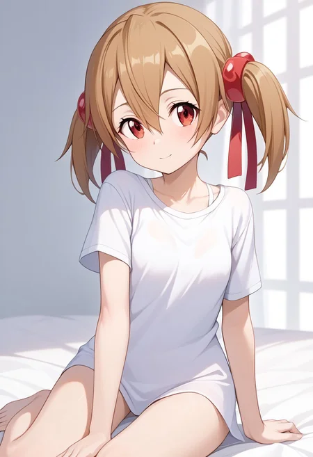 score_9, score_8_up, score_7_up, score_6_up, source_anime, highres, hi res, best quality, masterpiece, 2d, intricate details, official style, anime, 4k, anime style, 1girl, solo, female, long hair, red eyes, brown hair, hair ornament, hair between eyes, ribbon, twintails, hair ribbon, short twintails, 
No pants, only shirt, white shirt, short sleeves, detailled body, detailled legs
silica, sword art online  <lora:Silica_Pony:1>