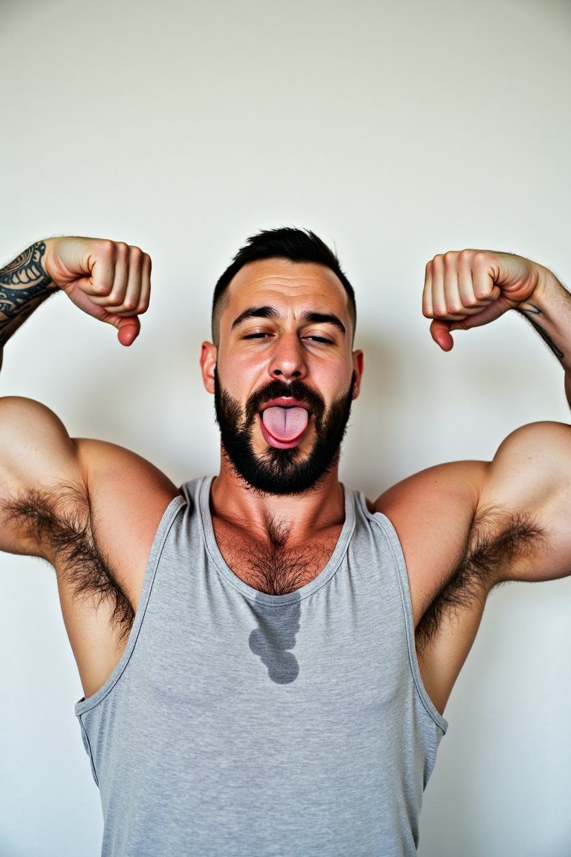 photo, A man with a tattoo on his arm is flexing his bicep while sticking his tongue out. He is wearing a grey tank top with sweat. The background is a plain white wall. His arms are flexed and he is making a sexy face. He has a beard and mustache and his arms are covered in tattoos., large sweat-spots-smudges on armpit, caucasian, upper body, hairy armpits, sweat-spots-smudges on chest and belly, 1boy, solo, male focus, facial hair, beard, tongue, armpit hair, muscular, tank top, muscular male, tattoo, bara, armpits, tongue out, white tank top, short hair, flexing, arm hair, pectorals, black hair A Irish man in a gray t-shirt is pointing to his armpit (sweat:1.3). He has short [ginger::0.5] hair. The background is white and he appears to be in a studio setting with a camera angle that captures his upper body and face from the chest up. The image has been cropped to focus on the man's face and upper body., He is wearing a gray short-sleeved t-Shirt. The man has a serious expression on his face., He is wearing a v-neck shirt. The image is a close-up of the man's upper body. The camera is positioned at a medium distance from the man. The lighting is even., the arms are raised. the body is slim. the hair is short. the eyes are dark., stubble beard, Caucasian, 4k uhd, dslr, soft light, high quality, Fujifilm XT3 photo, Three individuals wearing a shirt with sweat are shown in a upper body medium close-Up shot. The first person on the left has dark hair is wearing a blue shirt with sweat and has a serious expression. The second person in the center has brown hair wears a gray shirt with sweat and looks surprised. The third person on right has dark brown hair and is wears purple shirt with sweat., white background, sweat-spots-smudges on armpit, caucasian, shirt, 1girl, open mouth, facial hair, white background, brown hair, blue shirt, upper body, arms up, realistic, simple background, multiple boys, 2boys, arms behind head, looking at viewer, pointing, blue eyes, meme, beard, short sleeves medium full body portrait photo of dude jackman side view standing in a public bathroom, wearing a dark-mustard-tank top stringer shirt, (shirt with sweat:1.2), [(large wet-spots-smudges underarm on shirt:1.5),::0.45] (s3t on armpit:1.1), sweat on shirt, natural lighting, thin-straps, 4k uhd, dslr, soft light, high quality, Fujifilm XT3 front close-Portrait of a sexy tough rough masculine 50 y.o gay man marine is (wearing clothes:1.2) a dark-red-(shirt:1.3) with sweat. He has dark wavy hair and is wearing sunglasses. His (head is to the side:1.2) slightly down looking down (sniffing his armpit:1.3), nose close to armpit, posing for the camera. The background is a white wall. wrist watch, (s3t on:1.3) armpit, medium full body shot, Caucasian, large nose, wrist watch, thin lean man, pulling his necklace down, shiny sweaty skin, pores, natural lighting, 4k, high quality, Fujifilm XT3 <lora:lbw_models\OUTPUT\adjustedch7_sweaty shirt flux v5_edited_converted.safetensors:1.0:1.0>