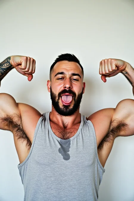 photo, A man with a tattoo on his arm is flexing his bicep while sticking his tongue out. He is wearing a grey tank top with sweat. The background is a plain white wall. His arms are flexed and he is making a sexy face. He has a beard and mustache and his arms are covered in tattoos., large sweat-spots-smudges on armpit, caucasian, upper body, hairy armpits, sweat-spots-smudges on chest and belly, 1boy, solo, male focus, facial hair, beard, tongue, armpit hair, muscular, tank top, muscular male, tattoo, bara, armpits, tongue out, white tank top, short hair, flexing, arm hair, pectorals, black hair A Irish man in a gray t-shirt is pointing to his armpit (sweat:1.3). He has short [ginger::0.5] hair. The background is white and he appears to be in a studio setting with a camera angle that captures his upper body and face from the chest up. The image has been cropped to focus on the man's face and upper body., He is wearing a gray short-sleeved t-Shirt. The man has a serious expression on his face., He is wearing a v-neck shirt. The image is a close-up of the man's upper body. The camera is positioned at a medium distance from the man. The lighting is even., the arms are raised. the body is slim. the hair is short. the eyes are dark., stubble beard, Caucasian, 4k uhd, dslr, soft light, high quality, Fujifilm XT3 photo, Three individuals wearing a shirt with sweat are shown in a upper body medium close-Up shot. The first person on the left has dark hair is wearing a blue shirt with sweat and has a serious expression. The second person in the center has brown hair wears a gray shirt with sweat and looks surprised. The third person on right has dark brown hair and is wears purple shirt with sweat., white background, sweat-spots-smudges on armpit, caucasian, shirt, 1girl, open mouth, facial hair, white background, brown hair, blue shirt, upper body, arms up, realistic, simple background, multiple boys, 2boys, arms behind head, looking at viewer, pointing, blue eyes, meme, beard, short sleeves medium full body portrait photo of dude jackman side view standing in a public bathroom, wearing a dark-mustard-tank top stringer shirt, (shirt with sweat:1.2), [(large wet-spots-smudges underarm on shirt:1.5),::0.45] (s3t on armpit:1.1), sweat on shirt, natural lighting, thin-straps, 4k uhd, dslr, soft light, high quality, Fujifilm XT3 front close-Portrait of a sexy tough rough masculine 50 y.o gay man marine is (wearing clothes:1.2) a dark-red-(shirt:1.3) with sweat. He has dark wavy hair and is wearing sunglasses. His (head is to the side:1.2) slightly down looking down (sniffing his armpit:1.3), nose close to armpit, posing for the camera. The background is a white wall. wrist watch, (s3t on:1.3) armpit, medium full body shot, Caucasian, large nose, wrist watch, thin lean man, pulling his necklace down, shiny sweaty skin, pores, natural lighting, 4k, high quality, Fujifilm XT3 <lora:lbw_models\OUTPUT\adjustedch7_sweaty shirt flux v5_edited_converted.safetensors:1.0:1.0>