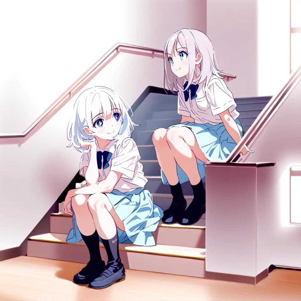 great quality, almic,(akakura,ogipote,sincos:0.8), stairs,skirt,legs, , ,full body, girl sitting stairs,white wall,looking away,smile,,light blue skirt,black socks,blue skirt, white shirt,silver hair,medium hair,blue eyes,white pupils,sitting,hand on knees,school white shirt