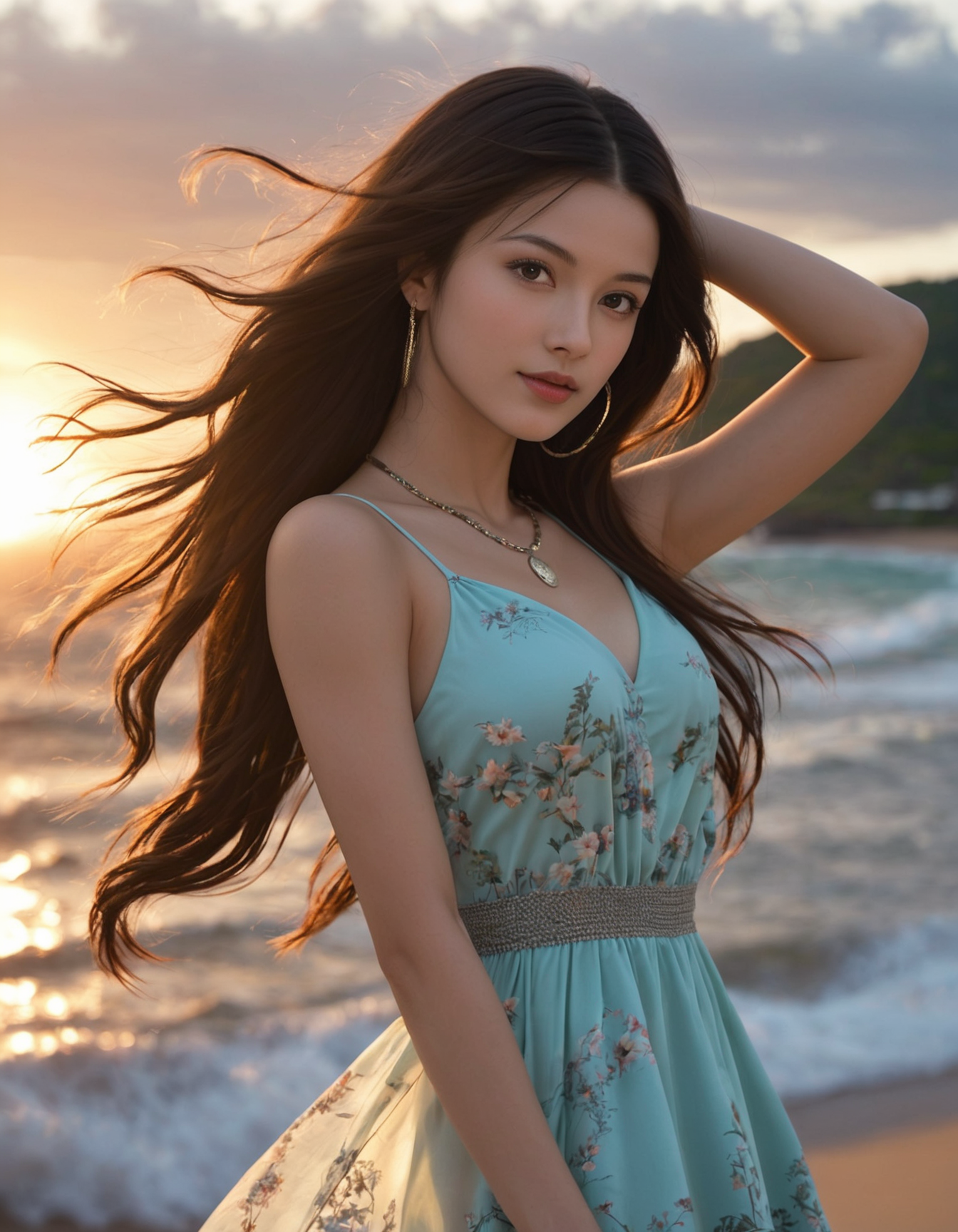 score_9, score_8_up, score_7_up, realistic, 1girl, 
dynamic angle,
22yo woman, beautiful, sweet, upper body, necklace, earrings, intricate hairstyle, windblown hair, very long hair,
high fashion, fashion shoot, fashion photography,
summer dress, beach, windy, sunset, breeze,
bokeh, lens flare,
high contrast,
cinematic still, highly detailed, hires, photorealistic, dramatic lighting, rim light, dynamic pose,
<lora:ccbelle_v1:0.5>