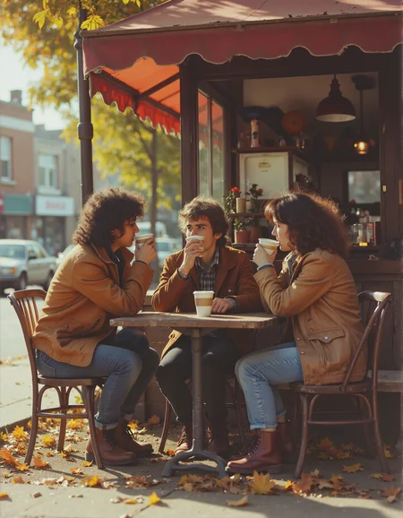Three friends are sitting around drinking coffee outside of the coffee shop on a fall day. <lora:retrograde-80s:0.8> retr0grade80s