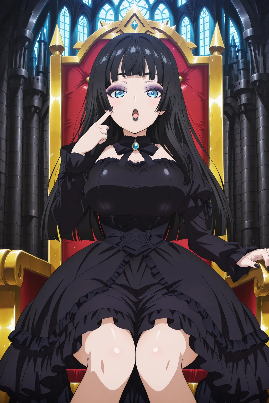 anime screencap, anime coloring, detailed face, masterpiece, best quality, very aesthetic, absurdres, volumetric lighting, official style, amazing quality, ultra detailed, highres, amazing quality, scenery, beautiful detailed hair, beautiful detailed eyes,
<lora:StS-Illustrious-Detail-Slider-v1.0:4>
inside a gothic castle, sitting on a throne,
<lora:Emi_Erokuro_MetalchromeXs_official_mascot_character_-_V2:1>
Emi Erokuro (character), 1girl, black hair, dress, solo, black lips, black nails, long hair, bright blue eyes, throne, sitting, makeup, black dress, looking at viewer, breasts, hime cut,
pointing at face, :O,
gothic clothing, gothic dress, eyeshadow, black lipstick, juicy lips, black fingernails,