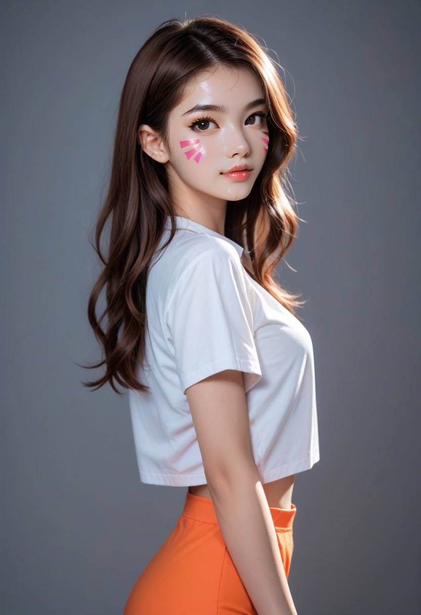 score_9, score_8_up, score_8, score_7_up, thin, score_7, rating_explicit, 1 girl, 19 years old, long hair, (DVA), (hana song), Korean girl, happy, full body shot, fully clothed, head tilt, eager virgin look, cute, sweaty, dynamic lighting, high contrast, dynamic hairstyle, putting on a show, popstar, thin, hourglass figured, view from side, dvapony, brown hair, facial marks