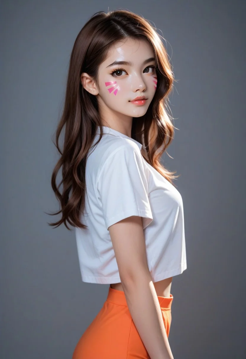 score_9, score_8_up, score_8, score_7_up, thin, score_7, rating_explicit, 1 girl, 19 years old, long hair, (DVA), (hana song), Korean girl, happy, full body shot, fully clothed, head tilt, eager virgin look, cute, sweaty, dynamic lighting, high contrast, dynamic hairstyle, putting on a show, popstar, thin, hourglass figured, view from side, dvapony, brown hair, facial marks