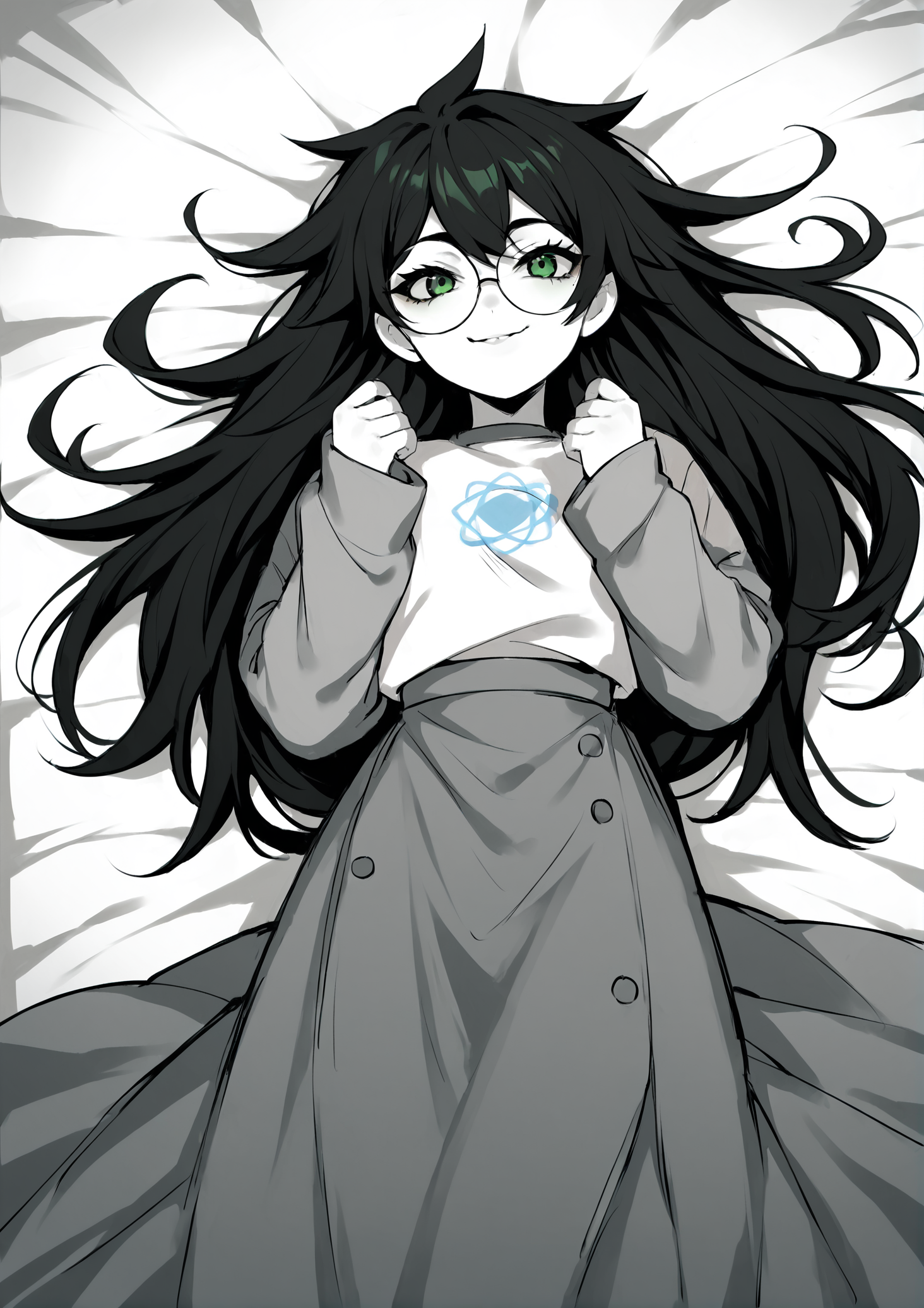 score_9, score_8_up, score_7_up, score_6_up, score_5_up, score_4_up, 2d, anime, anime artstyle, simple shadows, flat coloring, flat shadows, thick lines, white outline, jadeharleystart <lora:Jade_Harley_-_Homestuck__Variant_outfits_-_SDXL_Pony:0.9>, 1girl, solo, black hair, long hair, glasses, green eyes, smile, shirt, grey sleeves, long skirt, lying on back, monochrome, white skin heart source_anime