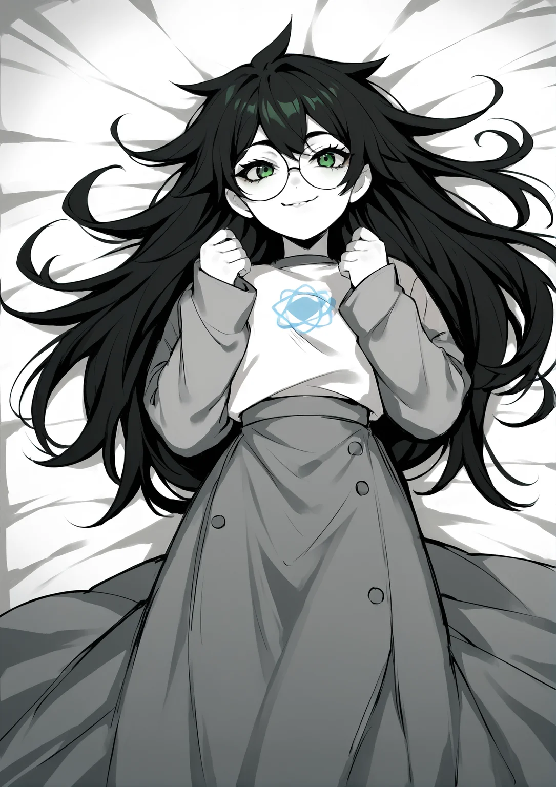 score_9, score_8_up, score_7_up, score_6_up, score_5_up, score_4_up, 2d, anime, anime artstyle, simple shadows, flat coloring, flat shadows, thick lines, white outline, jadeharleystart <lora:Jade_Harley_-_Homestuck__Variant_outfits_-_SDXL_Pony:0.9>, 1girl, solo, black hair, long hair, glasses, green eyes, smile, shirt, grey sleeves, long skirt, lying on back, monochrome, white skin heart source_anime
