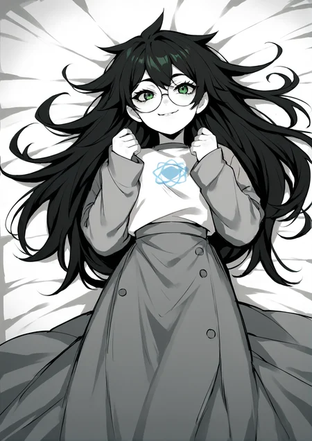 score_9, score_8_up, score_7_up, score_6_up, score_5_up, score_4_up, 2d, anime, anime artstyle, simple shadows, flat coloring, flat shadows, thick lines, white outline, jadeharleystart <lora:Jade_Harley_-_Homestuck__Variant_outfits_-_SDXL_Pony:0.9>, 1girl, solo, black hair, long hair, glasses, green eyes, smile, shirt, grey sleeves, long skirt, lying on back, monochrome, white skin heart source_anime