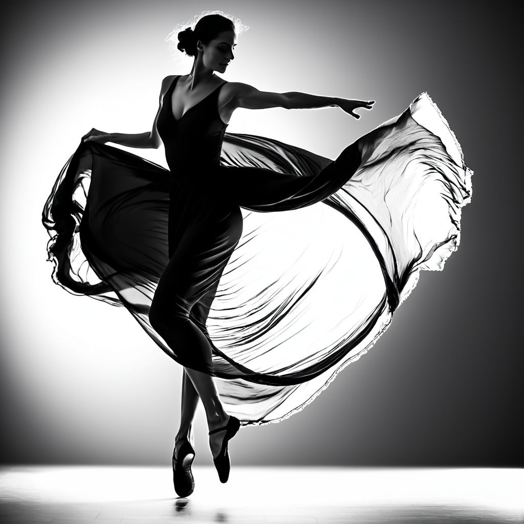 closeup, (dynamic pose, dynamic angle, motion blur,:1.3), flowing fabric, r4gdr01d, b4ckl1t, back lighting, intense backlight, abstract shadows, a slender woman in an oversize maxi dress is dancing, leaping, modern dance, wind, figuration libre, (long legs:1.3), (large breasts:1.3), radial gradient background, black and white photo, monochrome, legs spread, back arched, arms behind, <lora:Backlit_Clothes_XL:0.8>