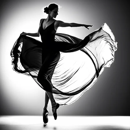 closeup, (dynamic pose, dynamic angle, motion blur,:1.3), flowing fabric, r4gdr01d, b4ckl1t, back lighting, intense backlight, abstract shadows, a slender woman in an oversize maxi dress is dancing, leaping, modern dance, wind, figuration libre, (long legs:1.3), (large breasts:1.3), radial gradient background, black and white photo, monochrome, legs spread, back arched, arms behind, <lora:Backlit_Clothes_XL:0.8>