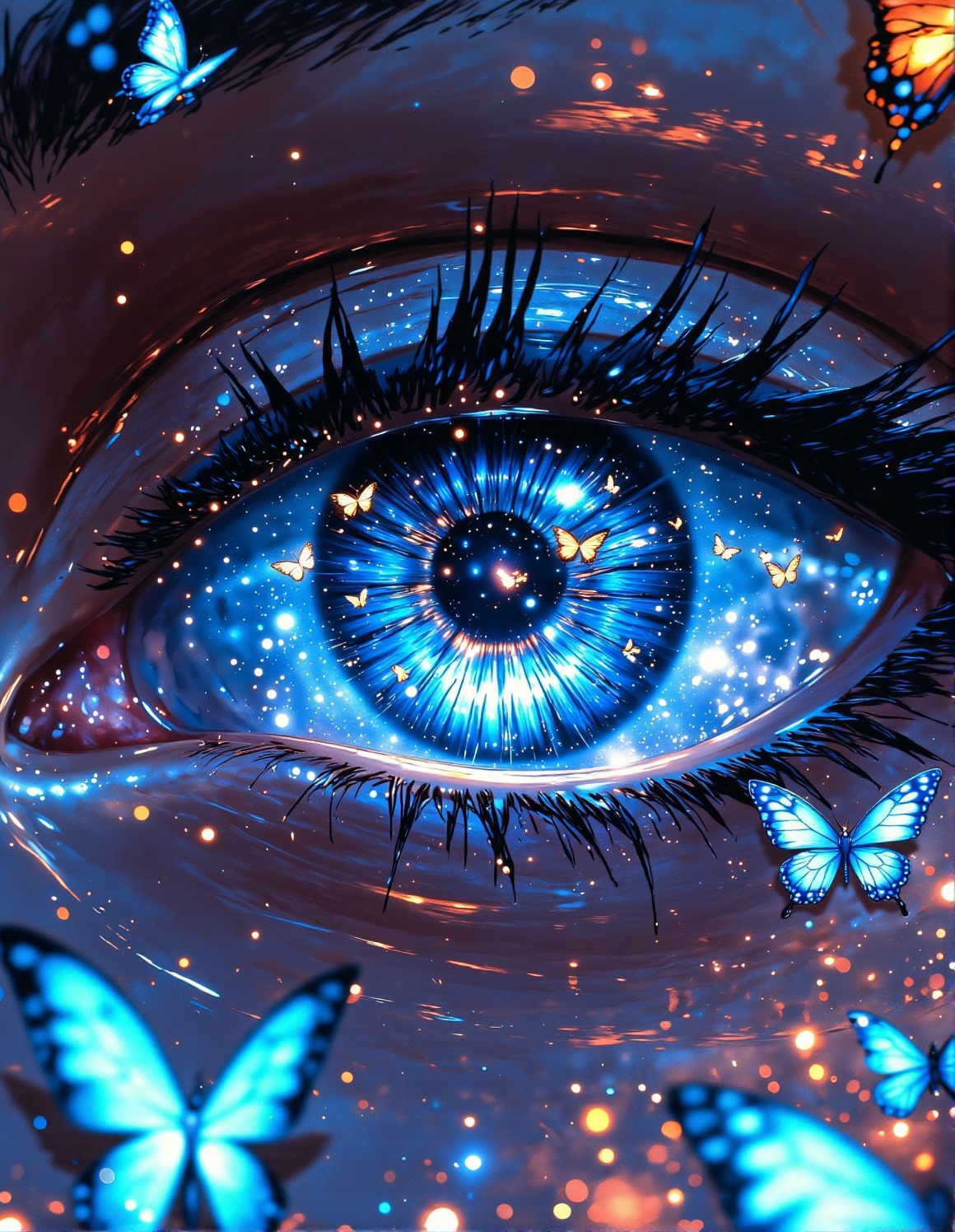 a dreamy, intricate digital painting with a macro close-up perspective. Picture a large, detailed blue eye with long, dark eyelashes.  The eye reflects a scene filled with tiny blue and monarch butterflies fluttering around within the iris.  Several butterflies are also depicted resting on the eyelashes and around the eye itself. The background is softly blurred with shimmering, colourful bokeh, suggesting a magical or ethereal atmosphere, The overall effect is enchanting and focused on the beauty and detail of the eye and the delicate butterflies, <lora:Vibrantly_sharp_style_v.2:0.8>, <lora:Cozy_Paradise:0.8>, <lora:RetroAnimeFluxV1:0.35>, <lora:FantasyWizardWitchesFluxV2-000001:0.7>, <lora:aidmaMJ6.1_v0.5_3:0.6>
