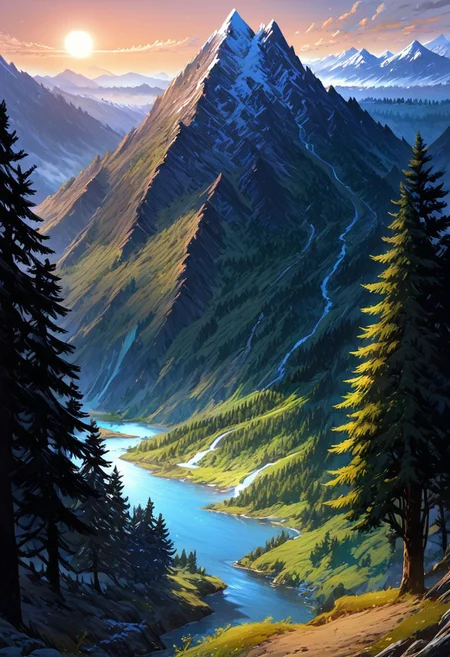 score_9, score_8_up, score_7_up, masterpiece, landscape, trees, sun, forest, mountains, river, epiCPhoto
