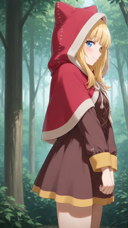score_9, score_8_up, score_7_up, derpibooru_p_95, uncensored, masterpiece, absurdres, source_anime, <lora:hand 4:1>, perfection, 1girl, solo, standing, pious, looking at viewer, blush, smile, forest, cowboy shot, side view, profile, BREAK, <lora:IL_Anvil_Goblin_no_Suana:0.8>, blue eyes, blonde hair, medium hair, brown dress, red cloak, animal hood,