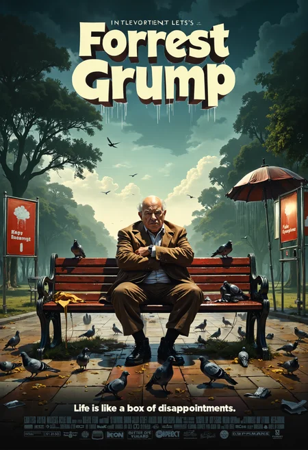 a comical movie poster titled Forrest Grump, featuring an older, grumpy version of Forrest Gump sitting on the iconic bench. His expression is one of pure annoyance, with arms crossed and an exaggerated frown on his face. Instead of a box of chocolates. Surrounding him are humorous details, like pigeons pestering him for crumbs, a broken-down bus stop sign, and a cloud raining only on him. The tagline at the bottom reads, 'Life is like a box of disappointments.' The background depicts a gloomy park, with a cartoonish filter and grumpy faces hidden in the trees and clouds. Use bright, exaggerated colors for the text, but give the whole scene a drab, slightly absurd mood that contrasts with typical uplifting movie posters. <lora:flux_realism_lora:0.8> <lora:fluxenhancer:0.2> <lora:Aura_Flux:0.3> <lora:artilands:0.7>