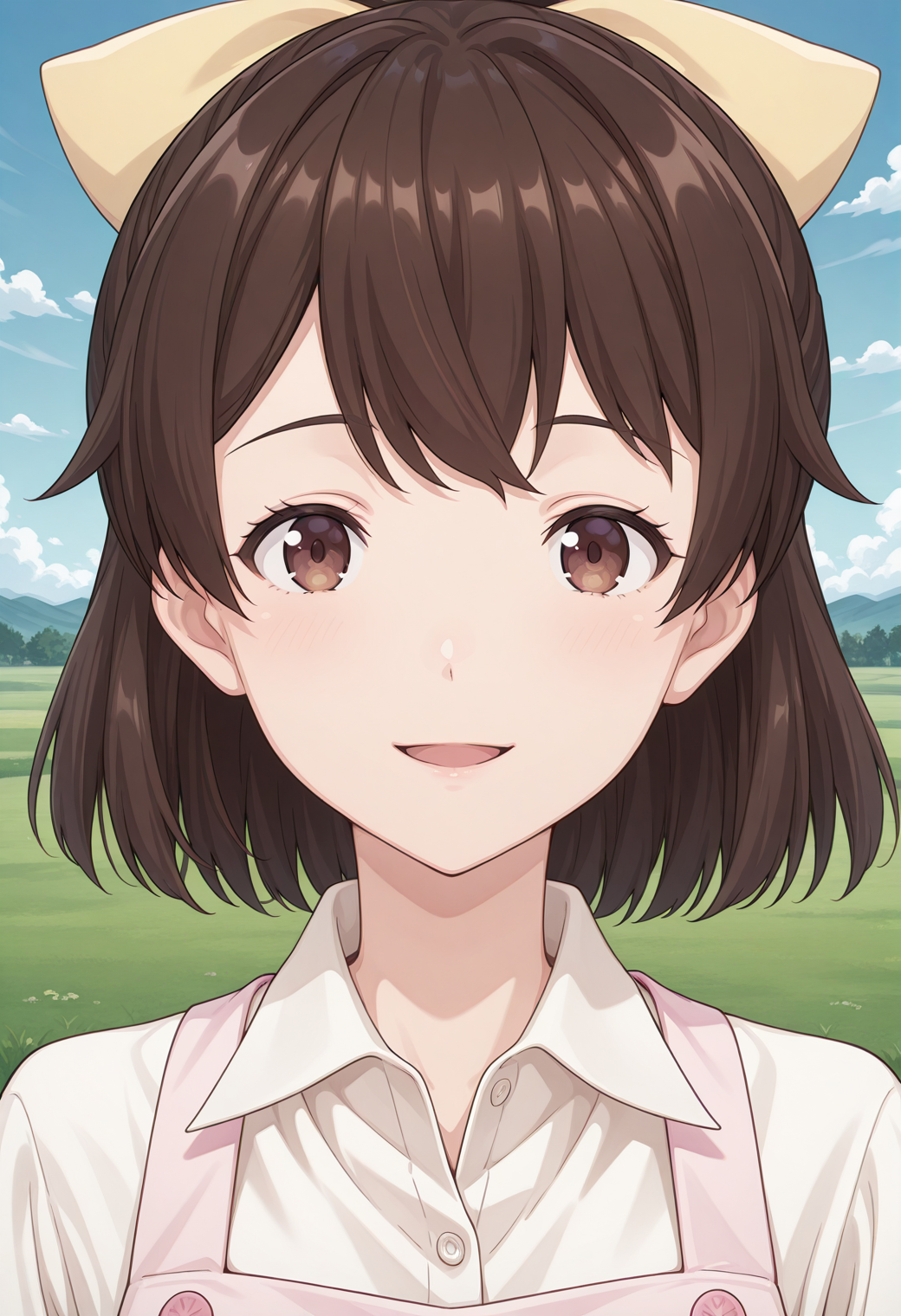 tantei1 akane, brown eyes, brown hair, ponytail, bangs, yellow bow, hair bow, white shirt, collared shirt, long sleeves, pink apron, <lora:tantei1_akane_illustrious_ver1:0.8> 
smile,, masterpiece, best quality, sensitive,, 1girl, solo, blue sky, (grasslands:1.2), looking at viewer,, (upper body:1.2), (close-up:1.2), (facing viewer:1.2), (open eyes:1.4), (portrait:1.2)