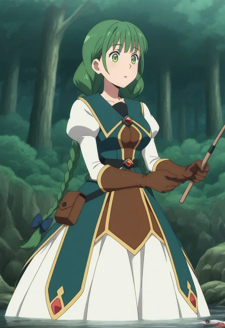 masterpiece, best quality, amazing quality, very aesthetic, high resolution, ultra-detailed, absurdres, 1girl, solo, rishia ivyred, long hair, bow, green eyes, braid, hair bow, green hair, twin braids, mature female, medium breasts, anime screencap, gloves, dress, brown gloves, green dress, skirt, white skirt, puffy sleeves, stream, forest, fishing,