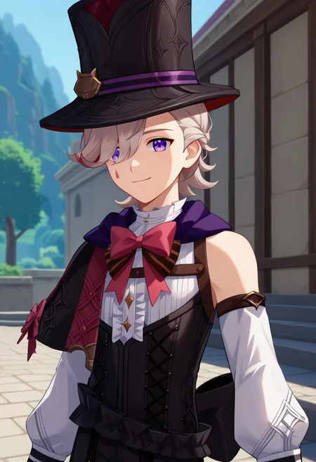 score_9, score_7_up, source_anime
lyney, 1boy, male focus, solo, purple eyes, blonde hair, short hair, braid, hair over one eye, teardrop facial mark, ouji fashion, hat, top hat, black headwear, capelet, bow, pink bow, shirt, white shirt, frills, center frills, corset, detached sleeves, long sleeves, puffy long sleeves, puffy sleeves, gloves, smile,
outdoor,