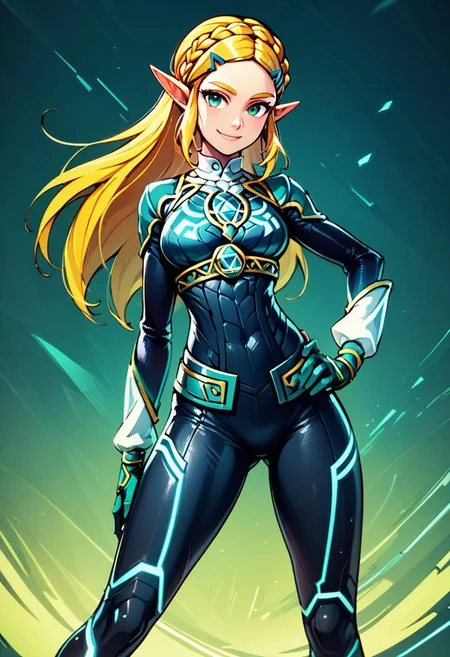 score_9, score_8_up, score_8, zPDXL,
BREAK,
scifi, citronLegacy, solo,
princess zelda, long hair, crown braid, hairclip, pointy ears,
, standing, gloves, bodysuit, black bodysuit, glowing, neon trim, tokusatsu, green visor, green glow, hand on hip,
looking at viewer, smile,
abstract background,