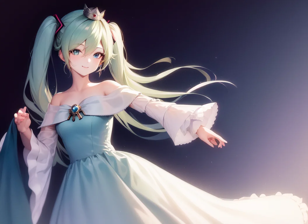 masterpiece, best quality, 1girl, solo, hatsune miku, blue dress, crown, smile, outstretched arm, standing, upper body, simple background <lora:Rosalina (Mario):1>