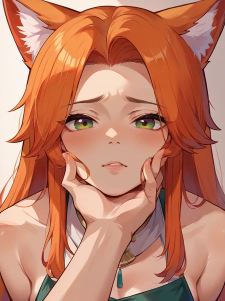 score_9, score_8_up, score_7_up, score_6_up, score_5_up, <lora:gr4bch1nXLP:1> pov, gr4bch1n, grabbing anothers chin, hand on another's chin, fox ears, 1girl, closed mouth, blush, ginger