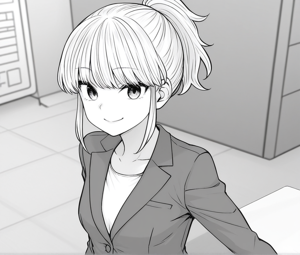 1girl, Iyo, monochrome, greyscale, ponytail, small breasts, office lady, jacket, smile