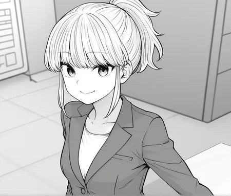 1girl, Iyo, monochrome, greyscale, ponytail, small breasts, office lady, jacket, smile