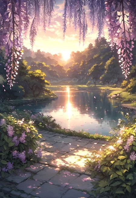 detailed background,( Calm spring night landscape), amongst lush greenery, beautiful view, Wisteria in full bloom, Wisteria, early morning, sunrise sky, beautiful clouds, dappled sunlight, outdoor seating, one lamp, Tranquil Lake, petals dancing in the wind, depth of field, masterpiece, best quality, ultra-detailed, very aesthetic, illustration, perfect composition, intricate details, absurdres, moody lighting, wisps of light, no humans,