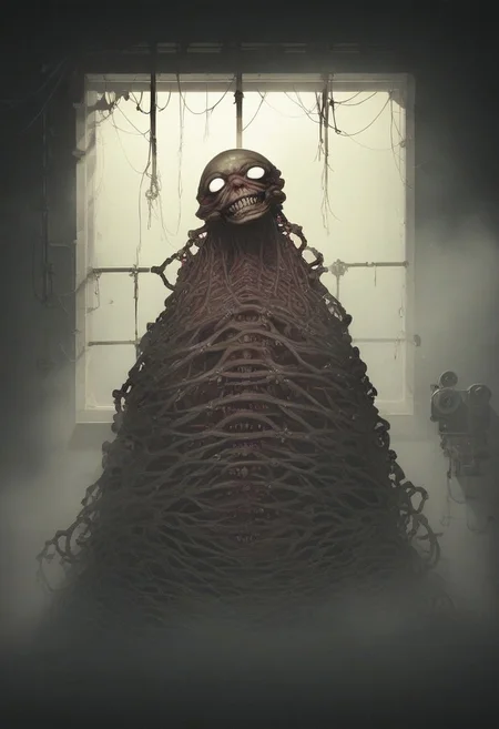 score_9, score_8_up, score_7_up, score_6_up, score_5_up, dramatic lighting, (((psychological: 1.2, horror, full body shot), head tilt, alien, muscle, clean teeth, blank eyes, abandoned factory, broken windows, toys, machines, fog, creepy smile)