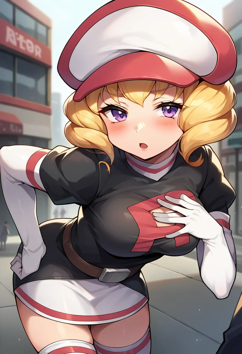 score_9, score_8_up, score_7_up, source_anime, masterpiece, 1girl, ctiand0min0, purple eyes, hat, uniform, logo, belt, elbow gloves, thighhighs, blush, standing, chestnut mouth, leaning forward, half-closed eyes, hand on chest, looking at viewer, outdoors, city, depth of field, <lora:Domino_pokemon_pony_ct_ver2:1>