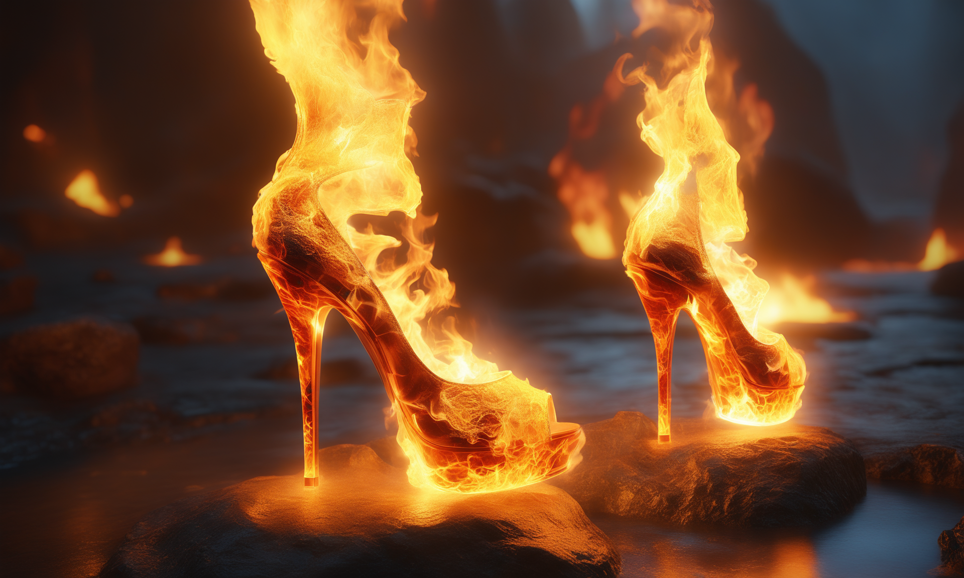 <lora:firecd_xl-000017:0.6>,a transparent fire elemental a pair of high heels made of (firecd_xl,raging flames:1.2,burning) in hell,fire body,splash fire,no humans,long-focus,tilt-shift,outdoors,on molten rock,full body,cutie,cute,still life,front view,ethereal fantasy concept art,magnificent,epic,majestic,magical, emotional,harmonious,high budget,moody,epic,gorgeous,perfect lighting,realistic,photorealistic,photographic,photo (medium),real,moody lighting,volumetric lighting,reality ray tracing,8K,HDR,UHD,masterpiece,best quality,highly detailed,high resolution,finely detail,extremely detailed,ultra detailed,wallpaper