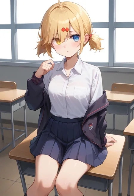 score_9, score_8_up, score_7_up, source_anime, BREAK
sitting, blonde hair, heterochromia, blue eyes, yellow eyes, rise, short hair, short twintails, hairclip, jacket, pleated skirt, school desk, white shirt