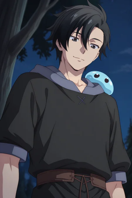 masterpiece, best quality, amazing quality,high resolution, intricate details,official style,depth of field,anime screencap, , , 1boy, solo, male focus, <lora:kelvin_celsius:0.90>,kelvin celsius,black hair,black eyes,side swept,short hair,look down, medieval shirts,medieval tunic,hood,confident expression,slime on shoulder,outdoor,night,tree,from below
