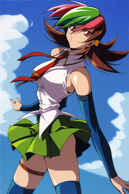 score_9, score_8_up, score_7_up, score_6_up, score_5_up, score_4_up, masterpiece, best quality, BREAK, 
outdoor, sky, 1girl, dynamic pose, side view
 <lora:Sai_Hinoki_Pony:1> sai hinoki, dyed bangs, two-tone hair, red eyes, thighhighs, necktie, detached sleeves, skirt