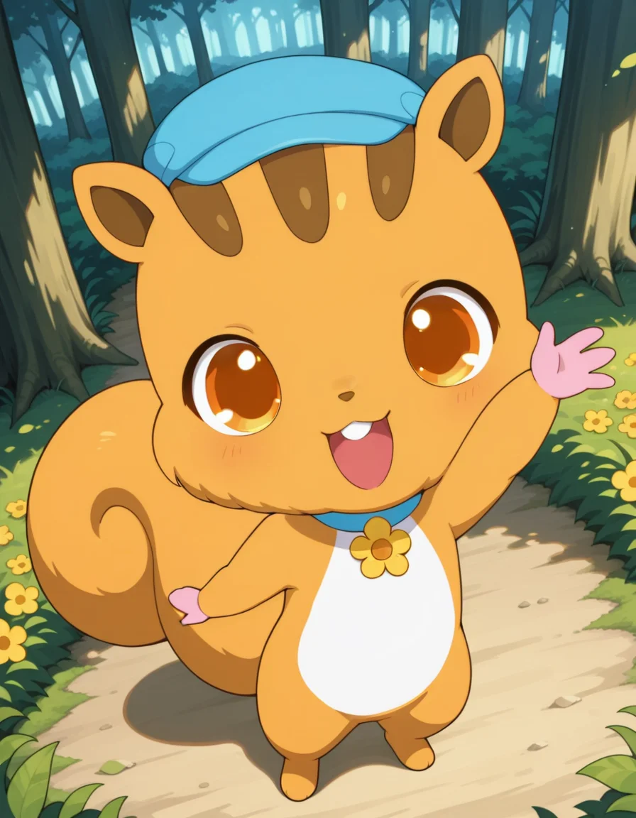 best quality, masterpiece, amazing quality, jptitana, chipmunk, squirrel, chibi, digitigrade, pink hands, 3 fingers, solo, male, orange body, orange fur, brown pattern on head, brown inner ears, brown nose, white stomach, blue choker with flower brooch, blue cap, big tail, no eyebrows, no eyelashes, orange eyes, looking at viewer, open smile, buckteeth, waving arm, standing, detailed background, forest, park, from above, <lora:jp_Titana_Illustrious:1>