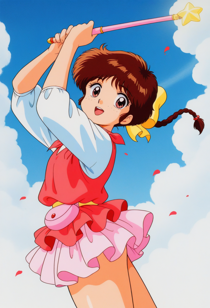 masterpiece, best quality, source_anime,official art,perfect_anatomy,1990s_\(style\),retro_artstyle,1girl,Yumi Hanazono,brown_hair,braid,hair_bow,pink_dress,puffy_short_sleeves,sleeves_rolled_up,jewelry,mini_skirt,looking_at_viewer,smile,open_mouth,Freckles,holding magical_wand,cowboy_shot,(dancing,countles_petals_fluttering:1.2),day,blue_sky,cloud