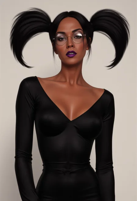 1woman, tan skin, dark skinned female, black hair, twintails, glasses, round eyewear, purple lips, makeup, brown eyes, Gothic theme, black dress, long sleeves