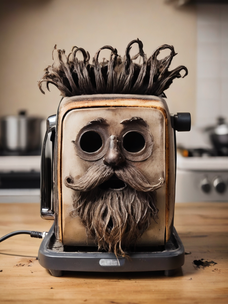 surreal, a lifeless bearded toaster with burned messy hair, kitchen, <lora:- SDXL - brdanmu_ beard_mustache_hair_V2.0:.6>