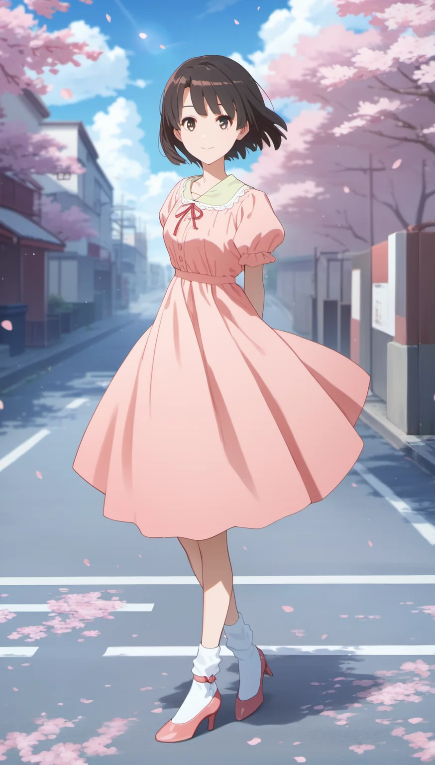 score_9,score_8_up,score_7_up,
<lora:megumikato:0.9>,
katomegumi,
1girl,solo,black hair,bangs,short hair,brown eyes,looking at viewer,smile,light pink dress with lace trim,ribbon,pink low heels with criss-cross straps,pink low heels,white bobby socks,full body,standing,hands behind back,
blurry background,bloom,outdoors,blue sky,cloud,cherry blossoms,street,light particles,lens flare,